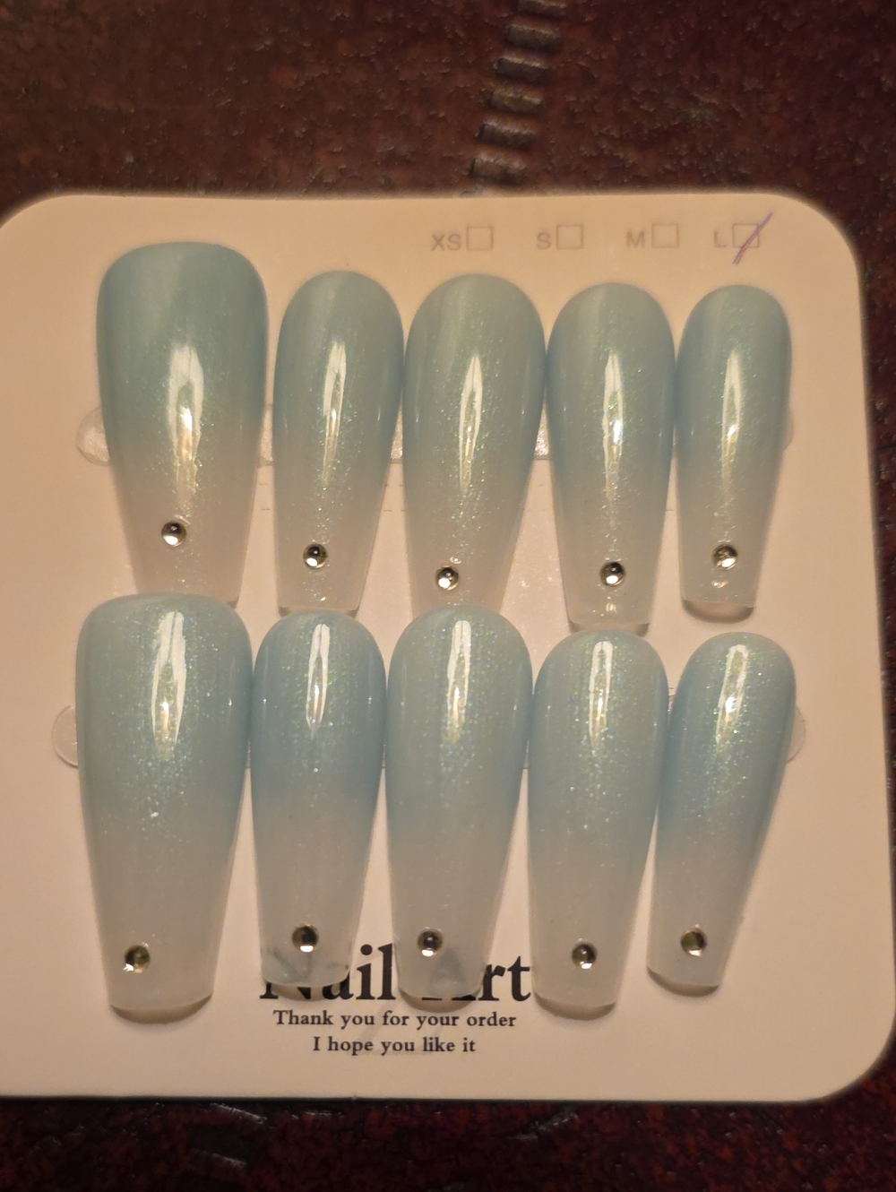 Press-On Nail Set - Light Blue Shimmer with Rhinestones Size Large